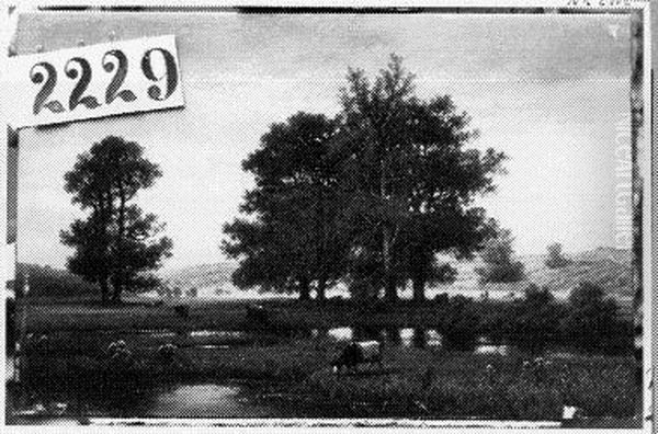 Glooiend landschap met bomen en koeien bij plas Oil Painting by Joseph Van Luppen