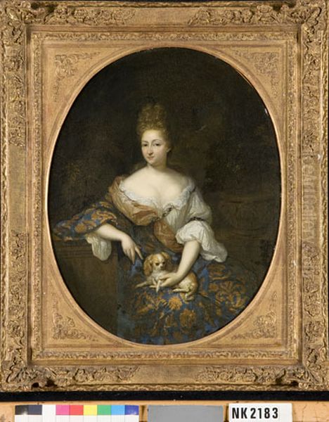 sitting lady with dog Oil Painting by Caspar Netscher