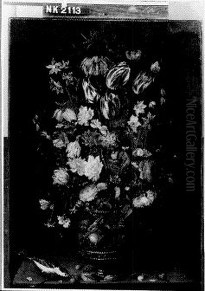 Stilleven met tulpen, anjers en andere bloemen in een vaas Oil Painting by Gaspar de Witte