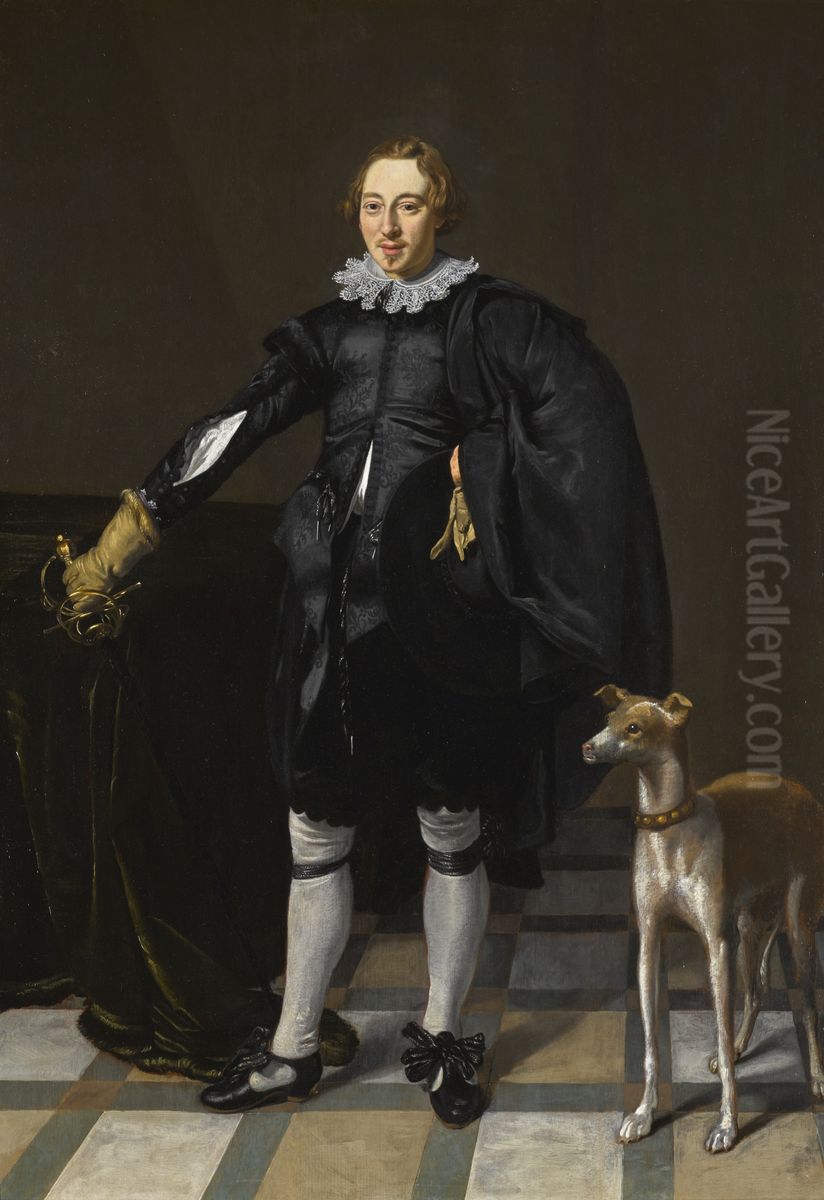 Herrenportrat mit Windhund Oil Painting by Thomas De Keyser