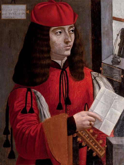Portrait of a gentleman in a red coat and cap holding a lute and a letter Oil Painting by unknown