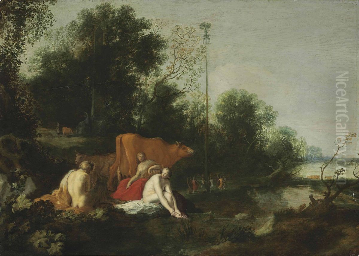 Landscape with Satyr, Nymphs and Cattle Oil Painting by Moses van Uyttenbroeck