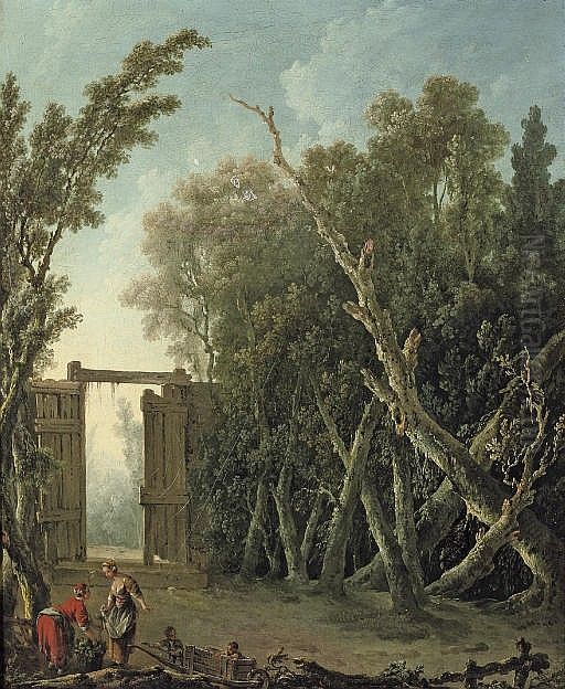 A wooded garden with a gate and figures in the foreground Oil Painting by Jacques Nicolas Julliard