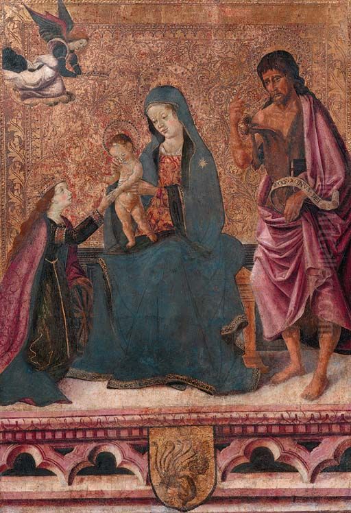 Mythische Verlobung der hl. Katharina, rechts Johannes d.T. Oil Painting by Master Of The Liverpool Madonna