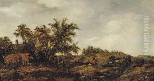 An extensive dune landscape with figures resting, a cottage nearby Oil Painting by Pieter van Asch