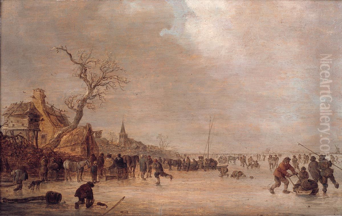 Winter landscape with skaters near an inn Oil Painting by Jan van Goyen