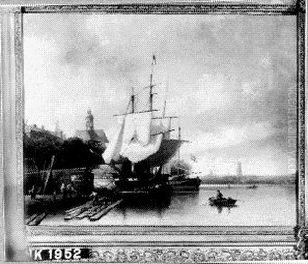 Binnenhaven met zeilschepen Oil Painting by Johannes Hilverdink