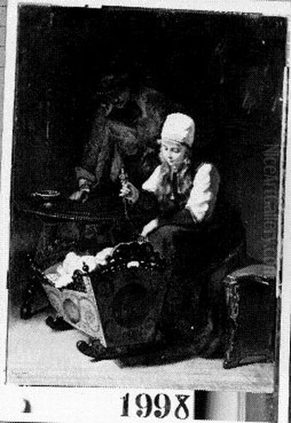 Familiegeluk - Jonge boerin met lichtblond loshangend haar onder witte muts, zittend bij een wieg Oil Painting by Kate Bisschop-Swift