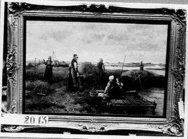 Hooitijd op Marken - Marker vrouwen aan het werk op hooiland aan een vaart Oil Painting by Mari ten Kate