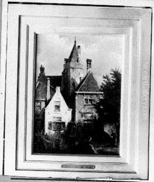 Stadsgezicht met hengelaar Oil Painting by Johannes Hermanus Koekkoek Snr