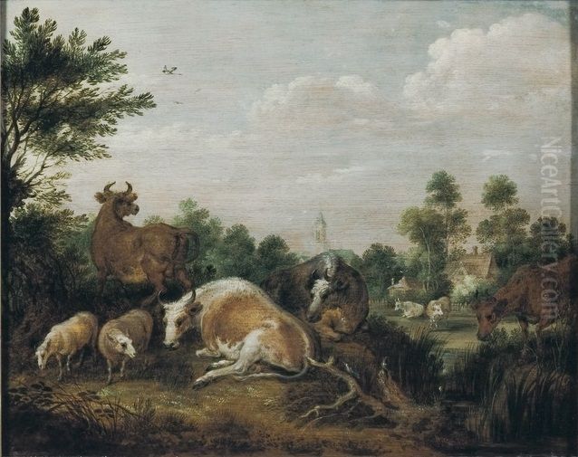 Kuhe und Schafe in einer Landschaft Oil Painting by Gillis d'Hondecoeter