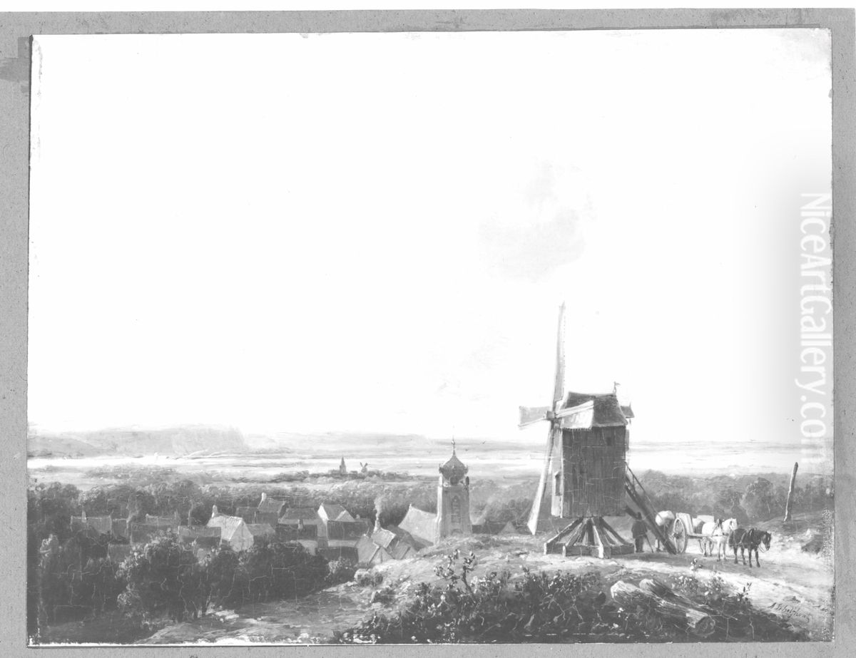 Landschaft mit Windmuhle, Dorf und Staffage Oil Painting by Andreas Schelfhout