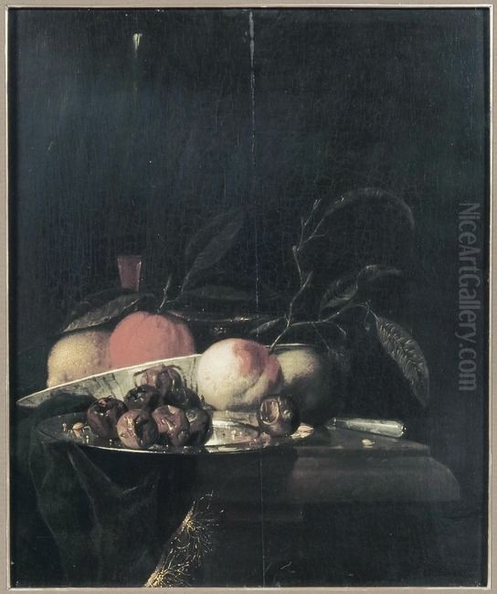 A lemon and orange in a porcelain bowl, a glass of wine, dates on a silver plate, an apple, a peach and a knife, all on a partially draped table Oil Painting by Juriaen van Streeck