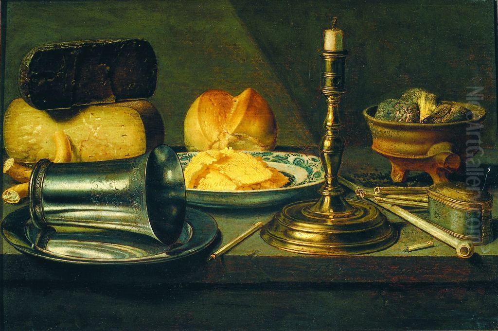 Stillleben mit Kase, Kerze und Rauchwaren Oil Painting by Floris van Schooten
