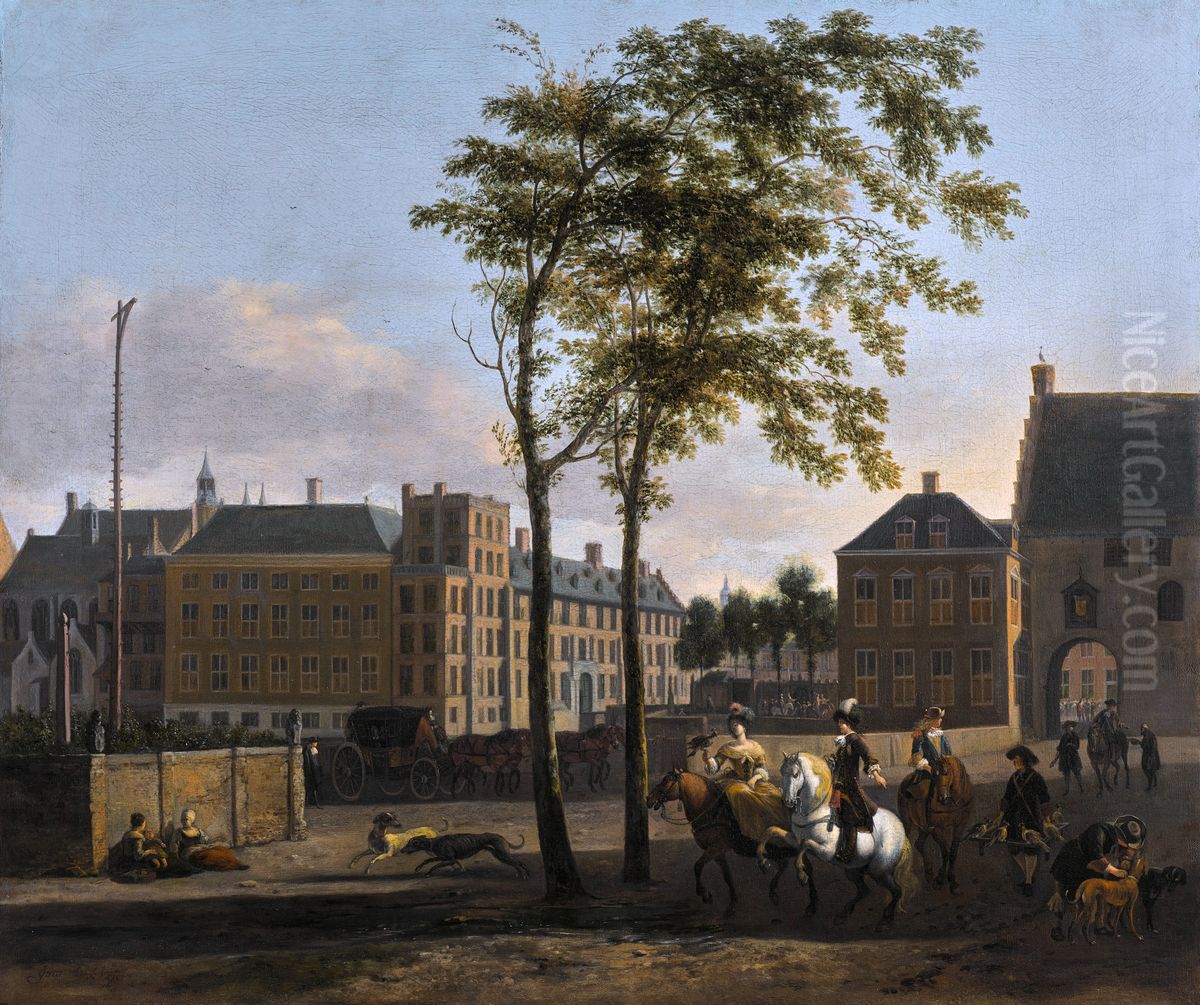 Stadtbild mit Ausritt zur Falkenjagd (Den Haag) Oil Painting by Gerrit Adriaenszoon Berckheyde