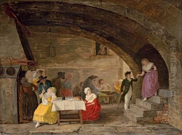 Interior of an Inn with elegant figures eating and artisans playing cards in the background Oil Painting by Leonard Defrance