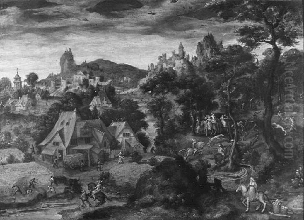 Hirschjagd, Landschaft mit Bauernhof Oil Painting by Lucas Gassel