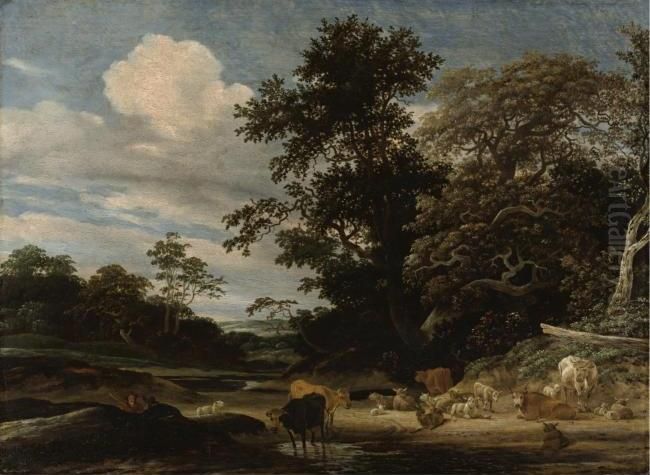 Wooded landscape with shepherds resting with their cattle near a stream Oil Painting by Jacob Salomonsz van Ruysdael