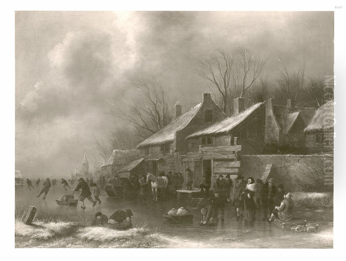 Winterlandschaft mit Dorf und Eislaufern Oil Painting by Nicolaes Molenaer