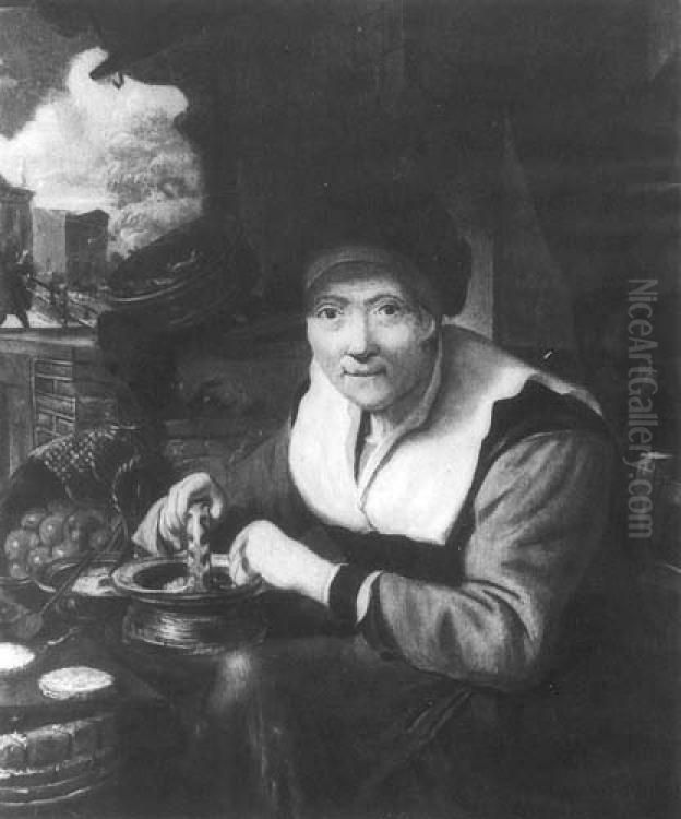 A woman making pancakes Oil Painting by Gabriel Metsu