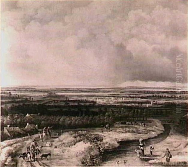 River Landscape with a Hawking Party Oil Painting by Philips Koninck