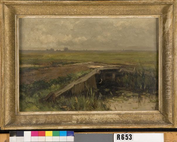 Houten brug over greppel Oil Painting by Johannes-Hubertus-Leonardus de Haas