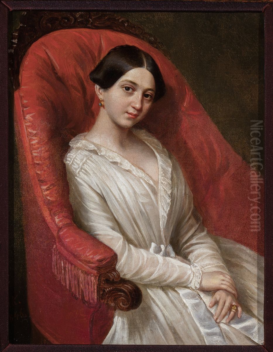 Portrait of a lady in a white dress Oil Painting by Jan Ksawery Kaniewski