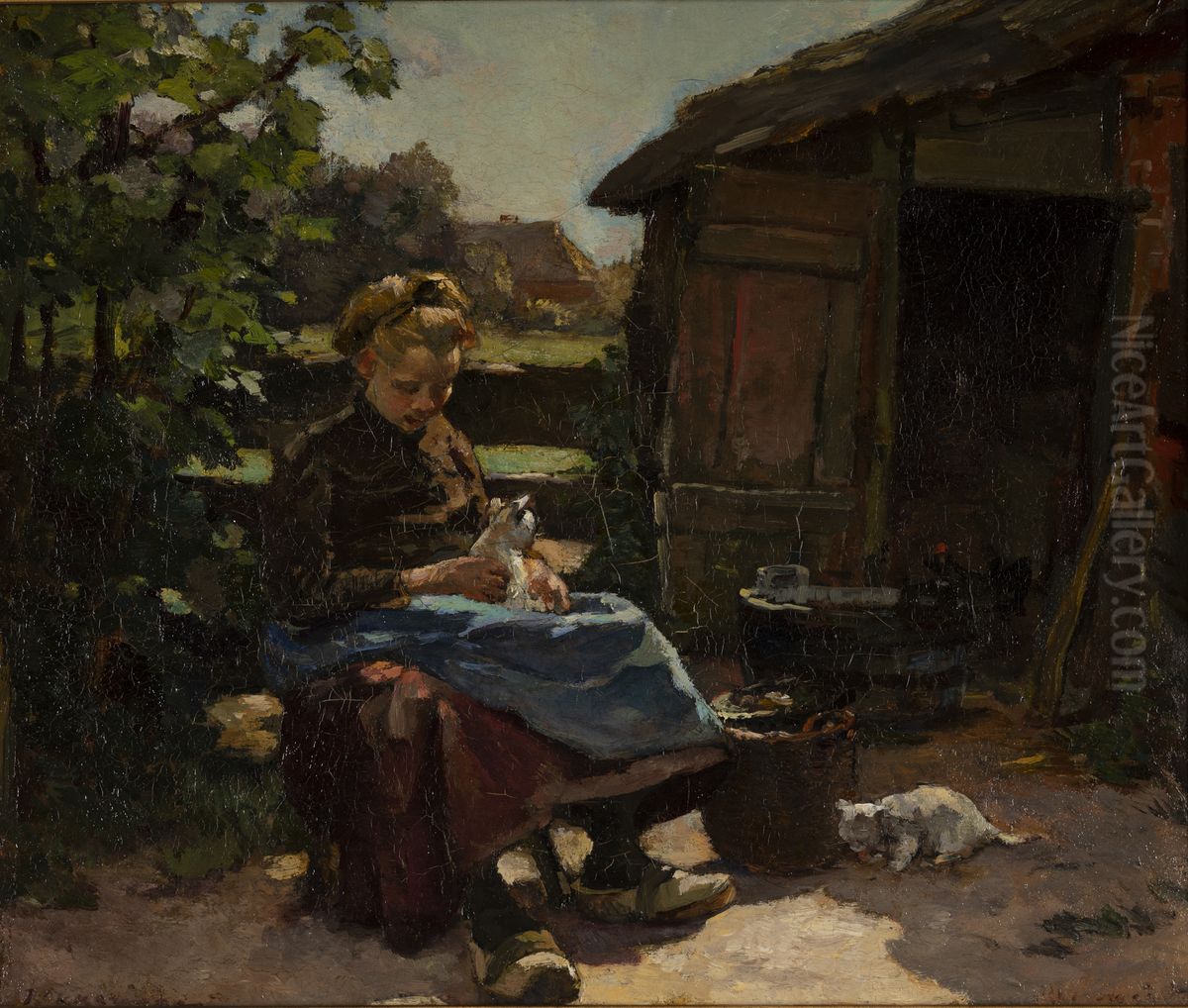 Meisje met katjes spelend Oil Painting by Johannes Evert Hendrik Akkeringa