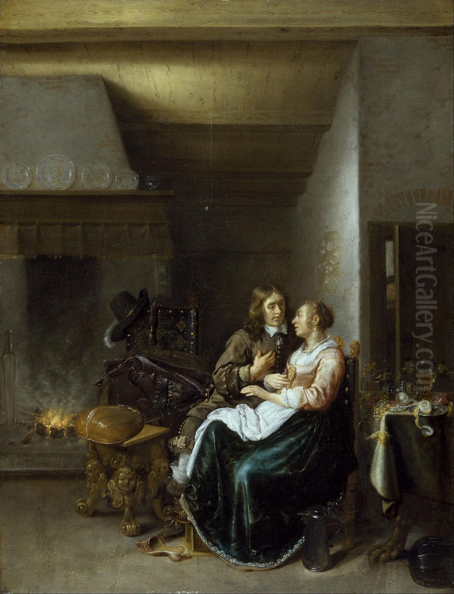A Couple in an Interior Oil Painting by Jan Miense Molenaer