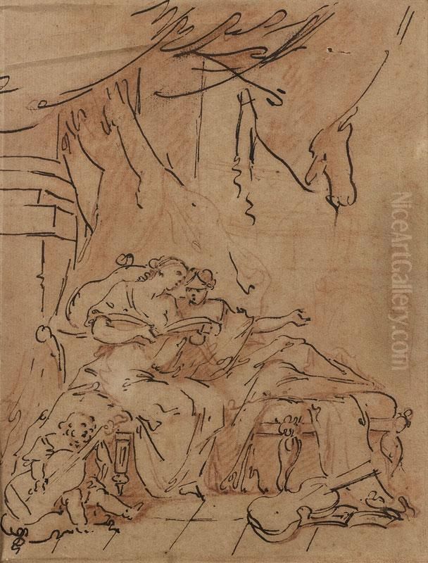 Scene Galante Avec Putti Jouant De La Musique Oil Painting by Joseph II Cellony