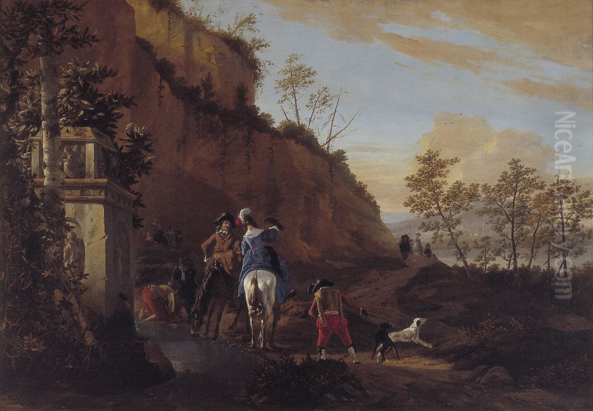 Italian Landscape with Hunting Party Oil Painting by Ludolf de Jongh