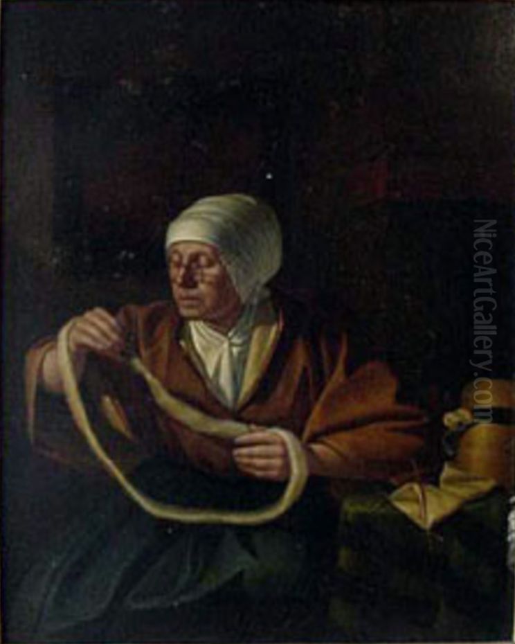 Oude vrouw met vlas Oil Painting by Pieter Christoffel Wonder