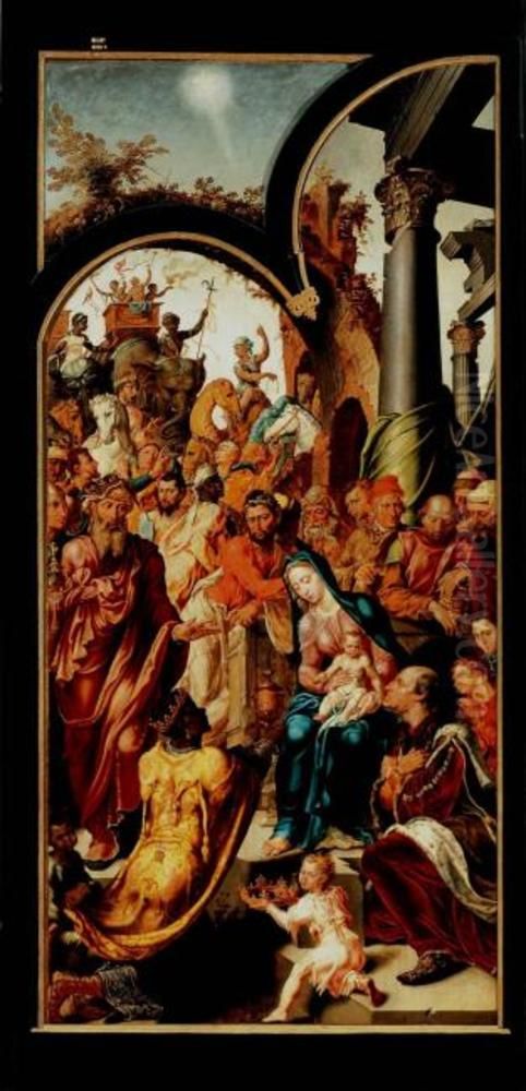 De aanbidding van de Wijzen (Drapeniersaltaar) Oil Painting by Maarten Van Heemskerck