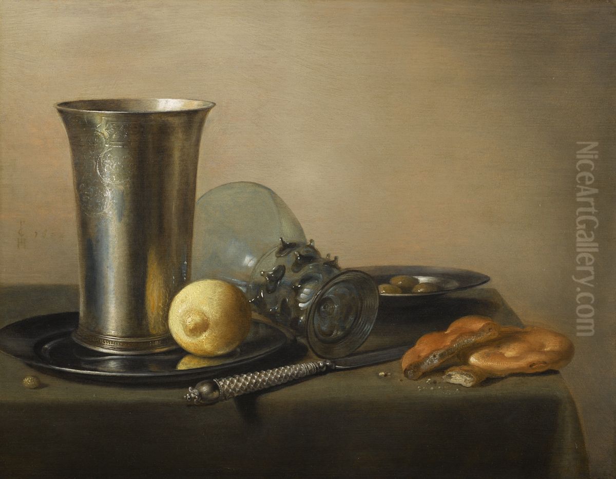 Still life with a silver chalice, lemon, bread, and berkemeyer Oil Painting by Pieter Claesz