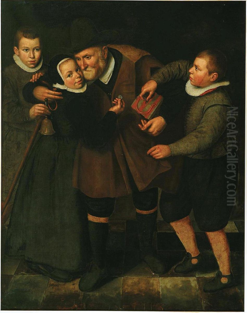 Oude man met armbus en kinderen Oil Painting by Cornelis Engelsz.