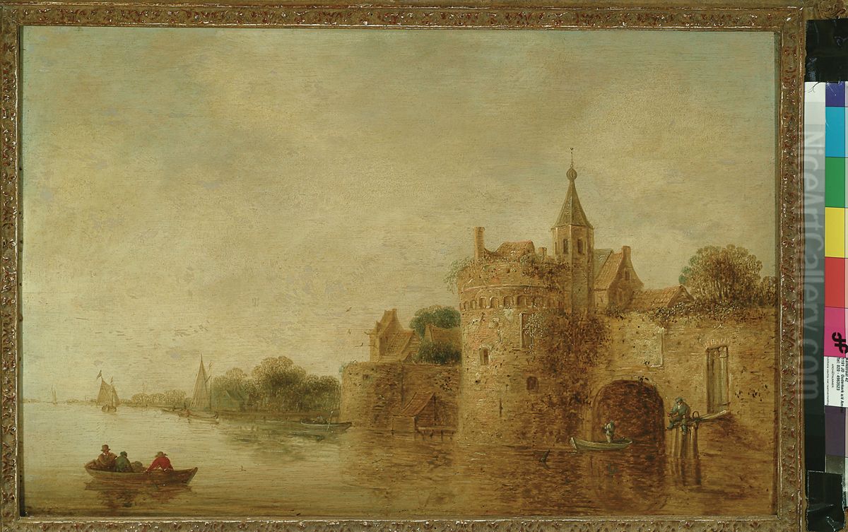 Stadswal aan een rivier Oil Painting by Wouter Knijff