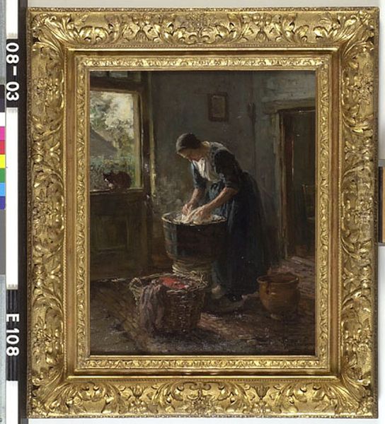 Interieur met wasvrouw Oil Painting by Hendrik Valkenburg