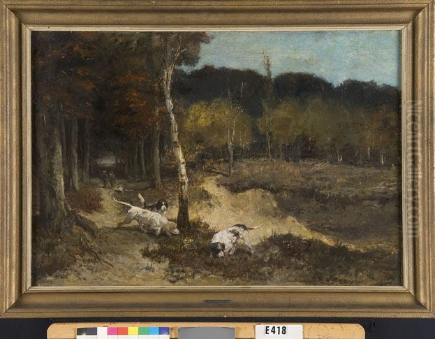 Bosgezicht met jagers en honden Oil Painting by Henriette Ronner-Knip