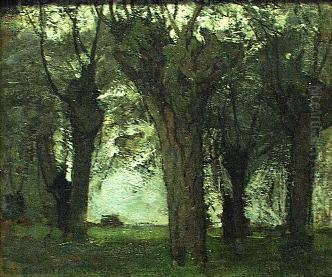 Willow grove with prominent trunk at center Oil Painting by Piet Mondrian