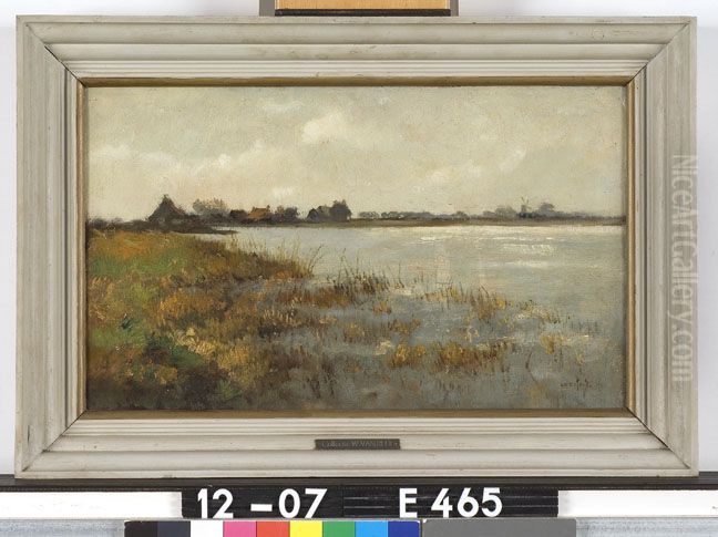 Landschap met boerderijen aan de waterkant Oil Painting by Jan Harm Weijns