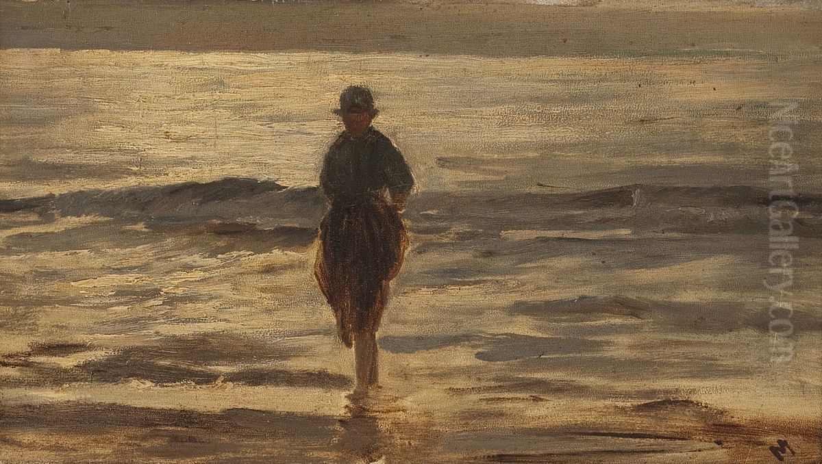 Studie van een figuur pootjebadend in de branding Oil Painting by Henricus Johannes Melis