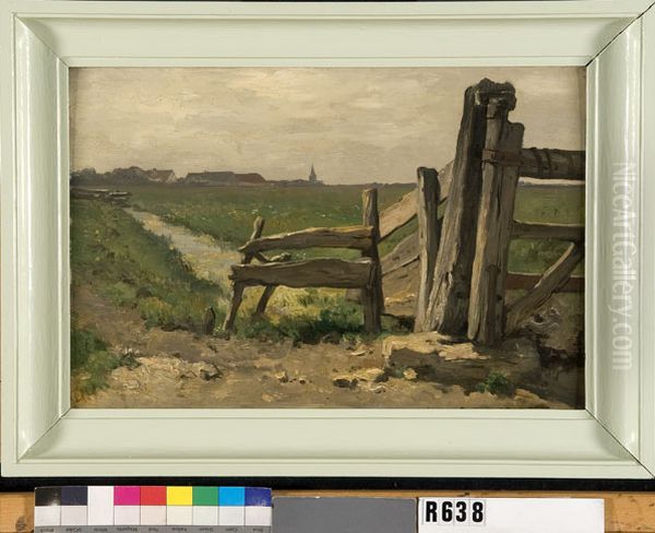 Weide met greppel en hek Oil Painting by Johannes-Hubertus-Leonardus de Haas