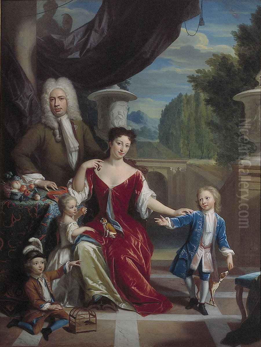 Cornelis van Schuylenburch (1683-1763) met zijn vrouw Martha Catharina Kemp (1694-1729) en hun drie kinderen Willem (1717-1769), Pieter (1718-1786) en Anthonetta (1722-1786) Oil Painting by Philip van Dijk