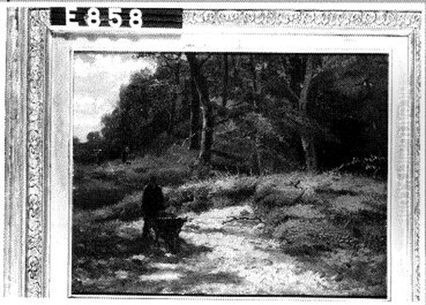 Bosgezicht met een man die een kruiwagen duwt Oil Painting by Anton Mauve