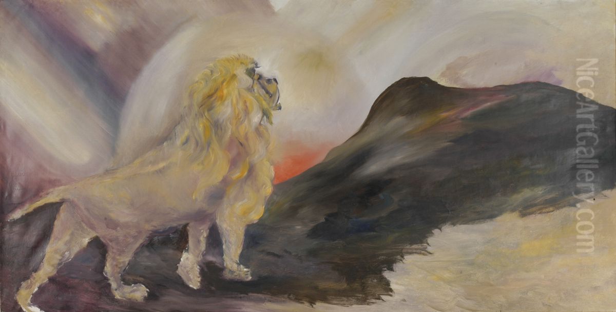 Leeuw bij zonsondergang Oil Painting by Karel Albert Schmidt