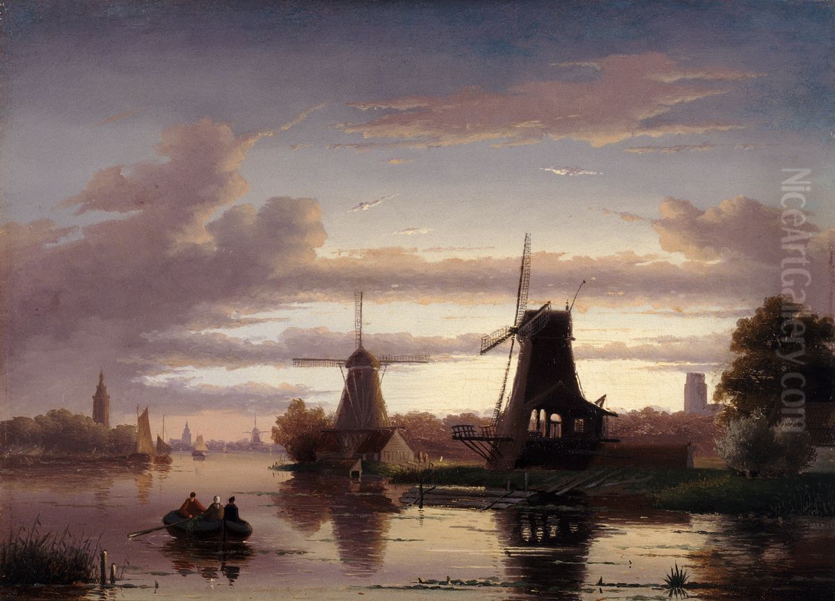 Windmolens aan een waterweg bij maanlicht Oil Painting by Charles Henri Leickert