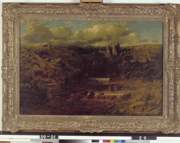 Heuvelig rivierlandschap met ruine Oil Painting by Edmund John Niemann