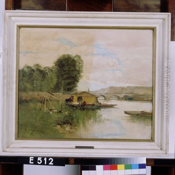 Rivierlandschap met brug Oil Painting by Eugene Galien-Laloue