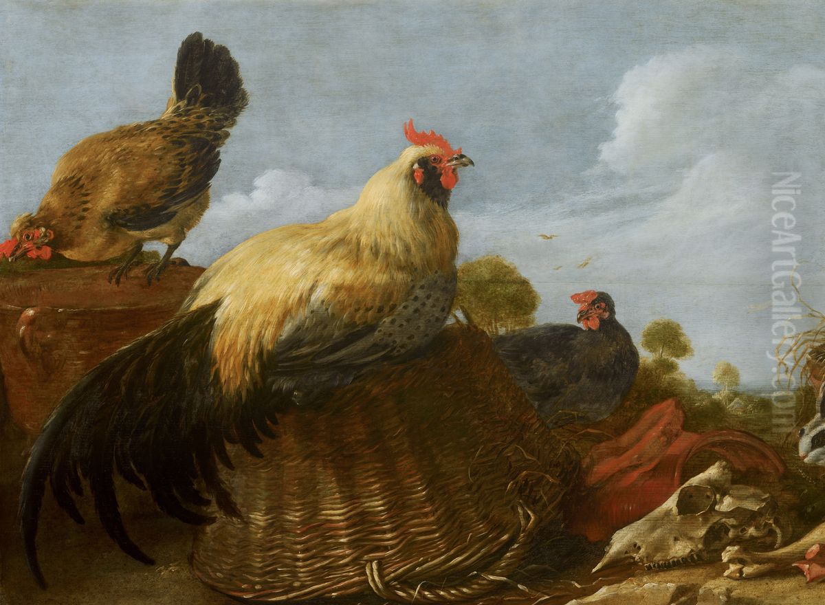 Cock and Hens in a Landscape Oil Painting by Gijsbert d'Hondecoeter
