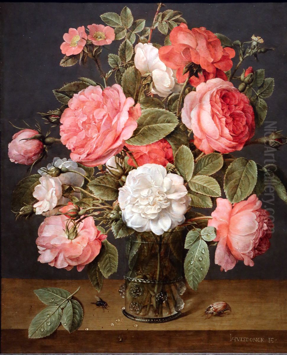 Bouquet de roses dans un vase en verre Oil Painting by Jacob van Hulsdonck